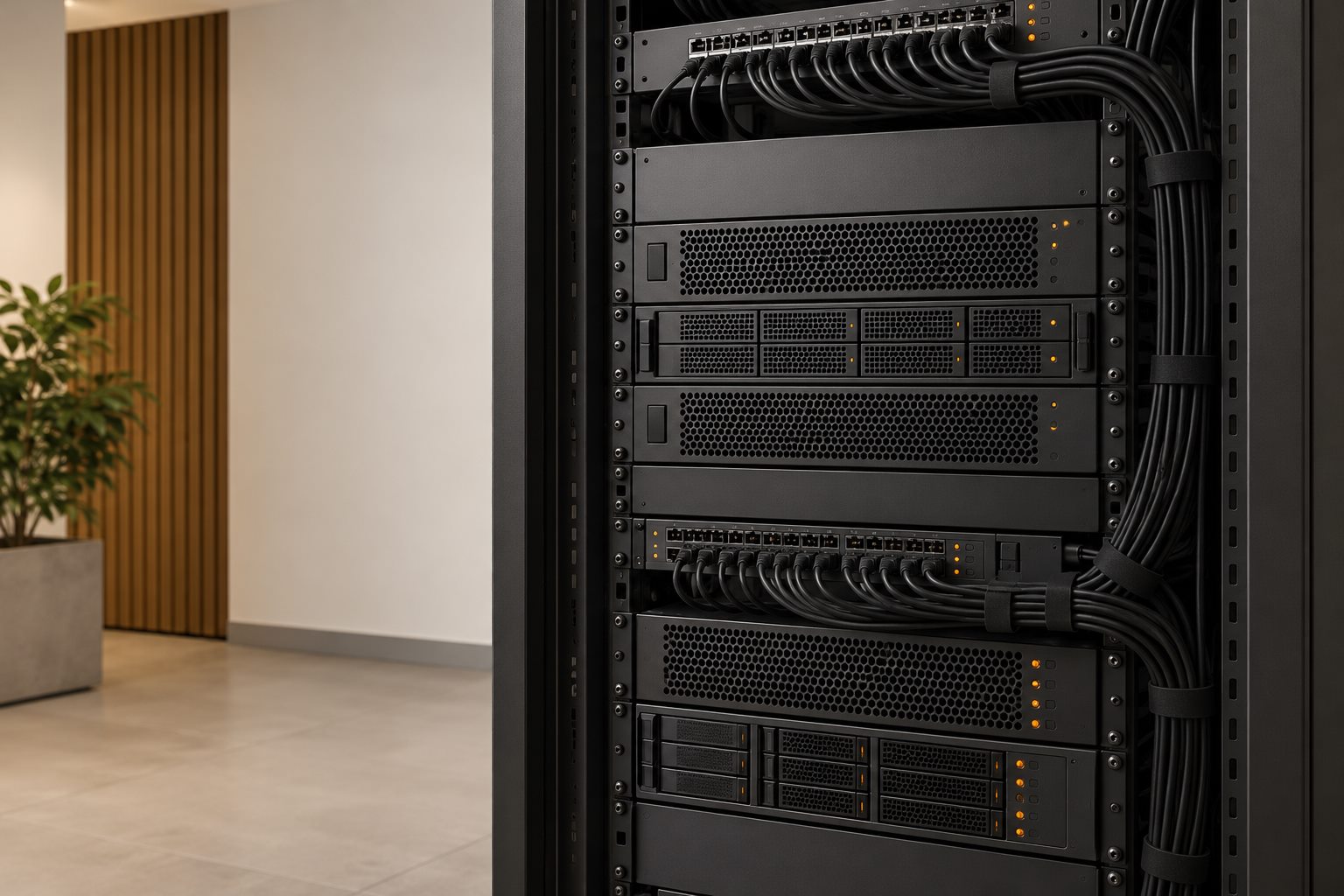 Rack de servidores organizado em uma sala técnica, representando a infraestrutura em nuvem e a segurança dos sistemas