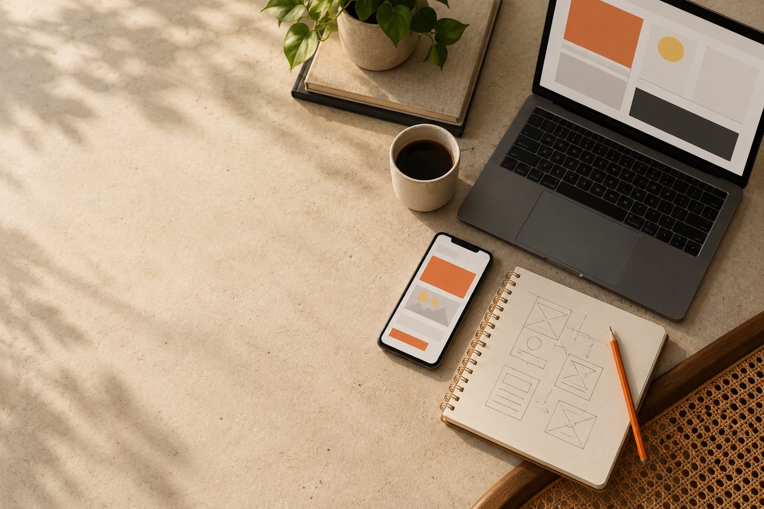 Mesa de trabalho com celular, laptop e esboços de interfaces para desenvolvimento de produtos digitais